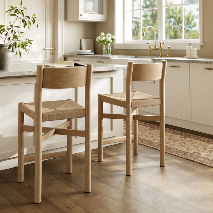 Modway Alvia Oak Wood Counter Stools With Woven Seats Set of 2 in Weathered Oak - lifestyle view 15