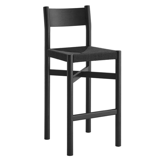 Modway Alvia Oak Wood Bar Stools With Woven Seats Set of 2 in Black - angled view