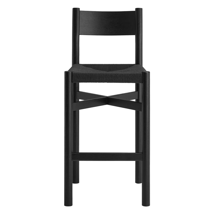 Modway Alvia Oak Wood Bar Stools With Woven Seats Set of 2 in Black - lifestyle view