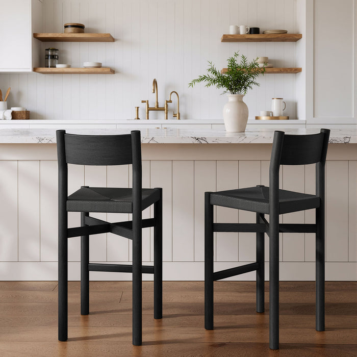 Modway Alvia Oak Wood Bar Stools With Woven Seats Set of 2 in Black - lifestyle view 14
