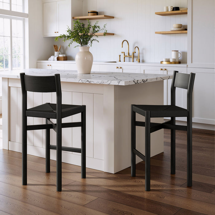 Modway Alvia Oak Wood Bar Stools With Woven Seats Set of 2 in Black - lifestyle view 16