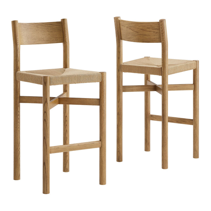 Modway Alvia Oak Wood Bar Stools With Woven Seats Set of 2 in Weathered Oak - front view