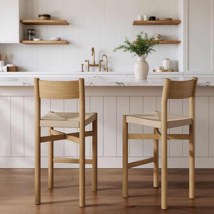 Modway Alvia Oak Wood Bar Stools With Woven Seats Set of 2 in Weathered Oak - lifestyle view 13