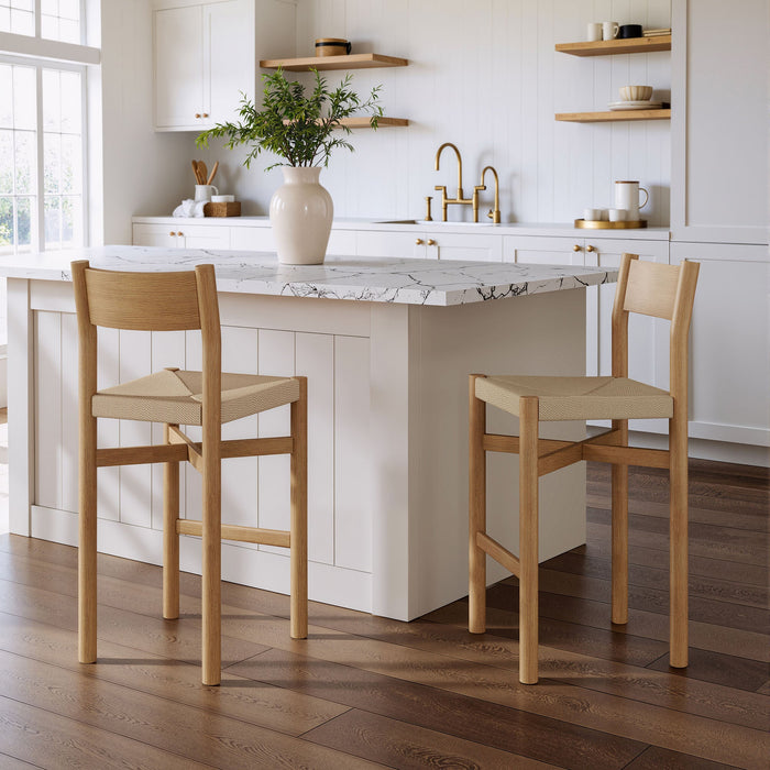 Modway Alvia Oak Wood Bar Stools With Woven Seats Set of 2 in Weathered Oak - lifestyle view 15