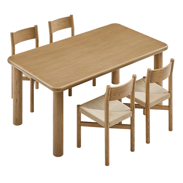 Modway Alvia 5-Piece Oak Wood Dining Table and Chairs Set in Weathered Oak - angled view