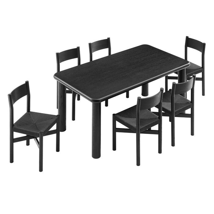 Modway Alvia 7-Piece Oak Wood Dining Table and Chairs Set in Black - front view
