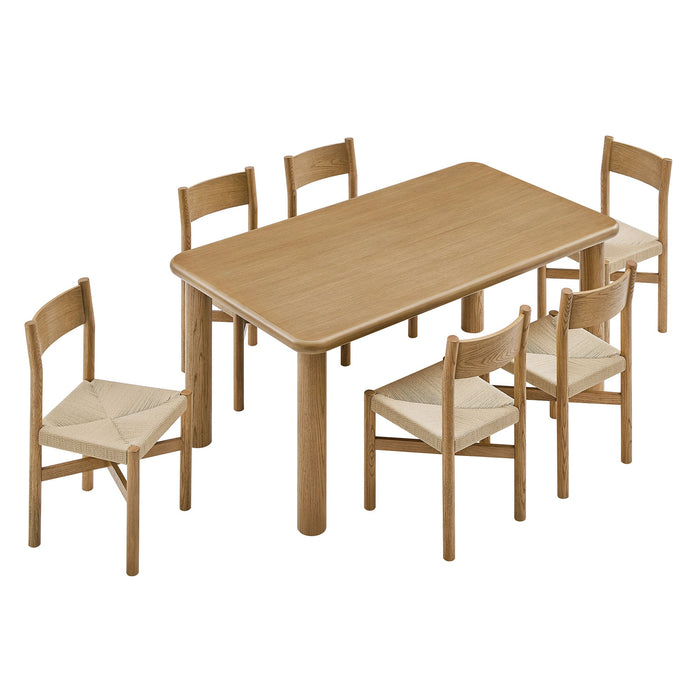 Modway Alvia 7-Piece Oak Wood Dining Table and Chairs Set in Weathered Oak - front view