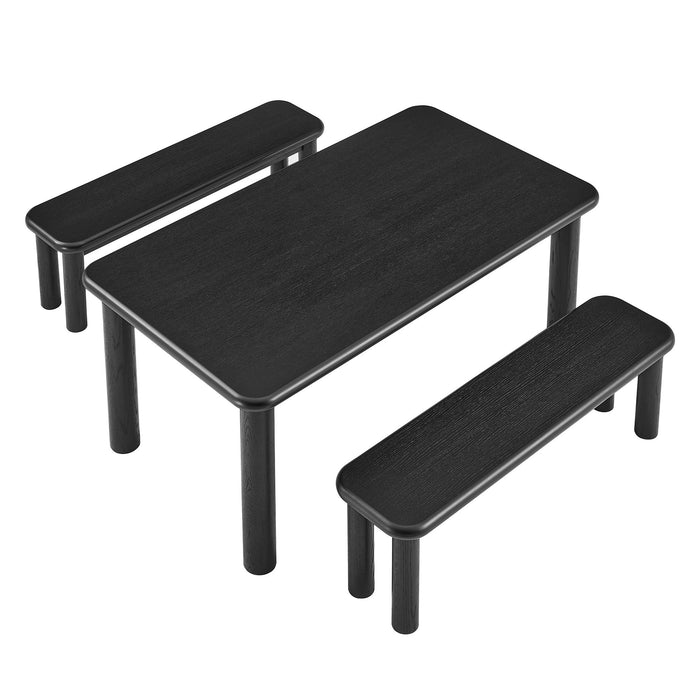 Modway Alvia 3-Piece Oak Wood Dining Table and Benches Set in Black - angled view
