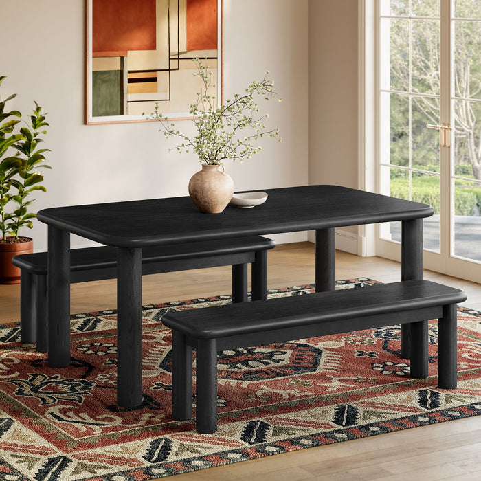 Modway Alvia 3-Piece Oak Wood Dining Table and Benches Set in Black - side view