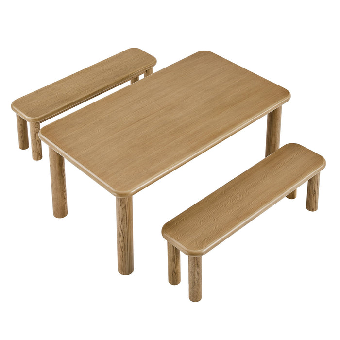 Modway Alvia 3-Piece Oak Wood Dining Table and Benches Set in Weathered Oak - angled view