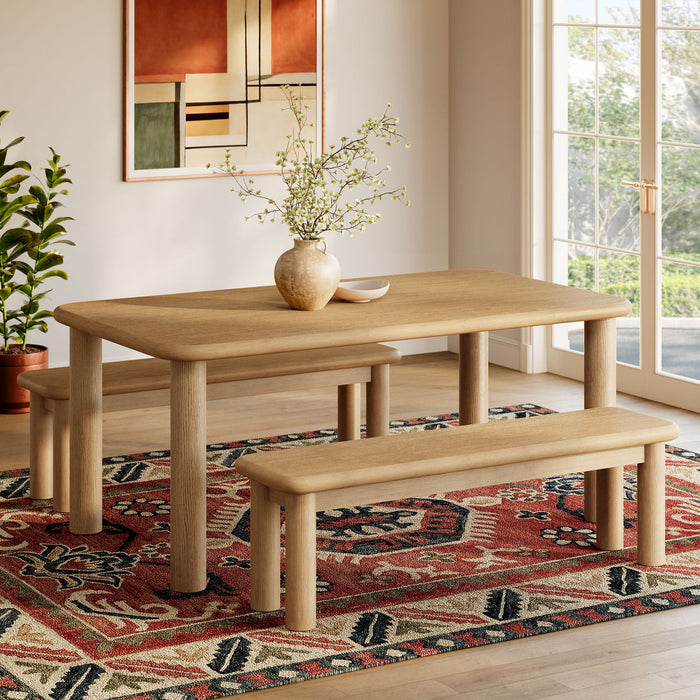 Modway Alvia 3-Piece Oak Wood Dining Table and Benches Set in Weathered Oak - side view