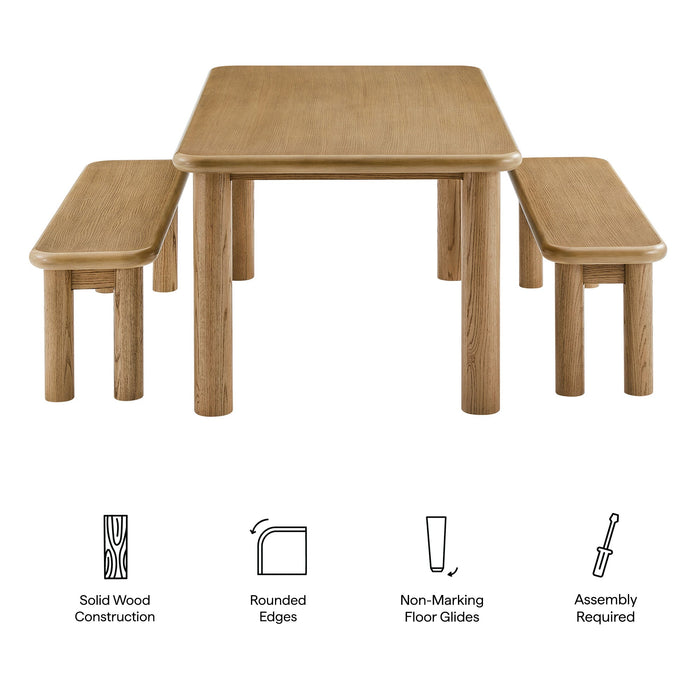Modway Alvia 3-Piece Oak Wood Dining Table and Benches Set in Weathered Oak - dimensions and specifications