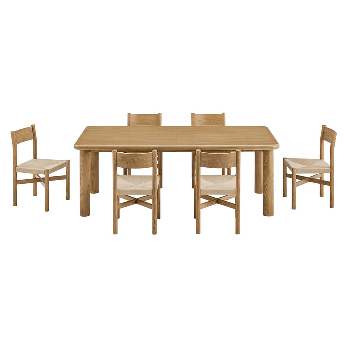 Modway Alvia 7-Piece Oak Wood Extendable Dining Table and Chairs Set in Weathered Oak - angled view