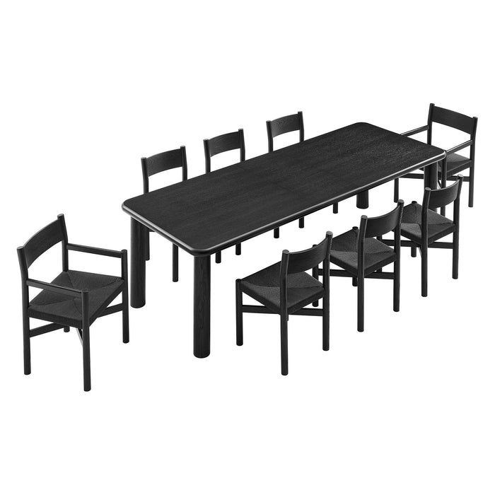 Modway Alvia 9-Piece Oak Wood Extendable Dining Table and Chairs Set in Black - front view