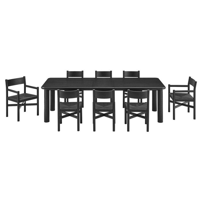 Modway Alvia 9-Piece Oak Wood Extendable Dining Table and Chairs Set in Black - angled view