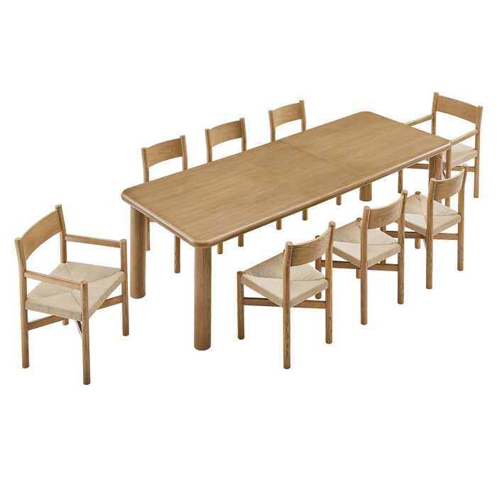 Modway Alvia 9-Piece Oak Wood Extendable Dining Table and Chairs Set in Weathered Oak - front view