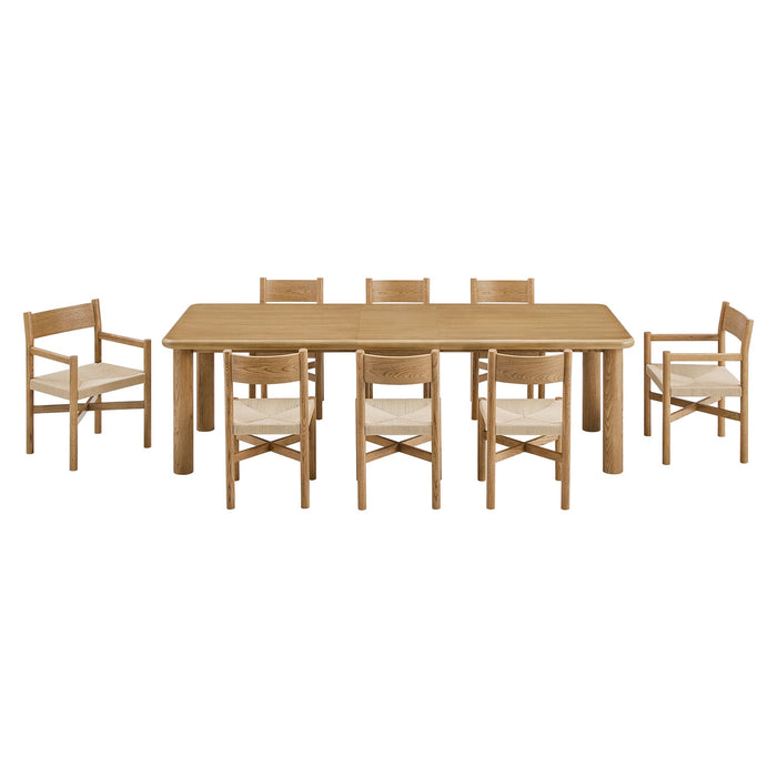 Modway Alvia 9-Piece Oak Wood Extendable Dining Table and Chairs Set in Weathered Oak - angled view