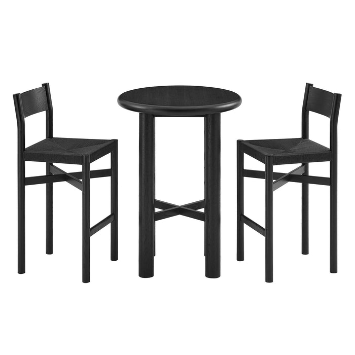 Modway Alvia 3-Piece Round Oak Wood Bar Table With Bar Stools Set in Black - front view