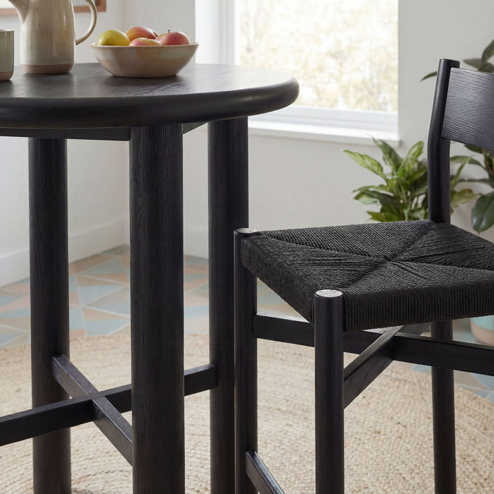 Modway Alvia 3-Piece Round Oak Wood Bar Table With Bar Stools Set in Black - side view