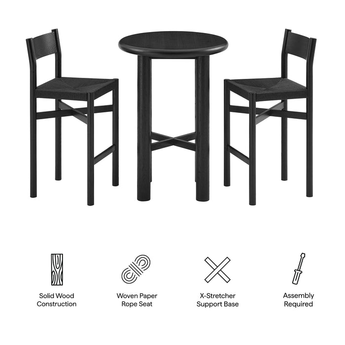 Modway Alvia 3-Piece Round Oak Wood Bar Table With Bar Stools Set in Black - dimensions and specifications