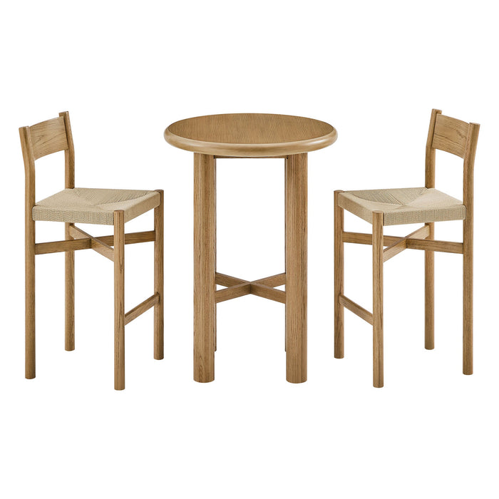 Modway Alvia 3-Piece Round Oak Wood Bar Table With Bar Stools Set in Weathered Oak - front view