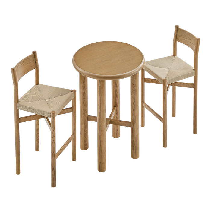 Modway Alvia 3-Piece Round Oak Wood Bar Table With Bar Stools Set in Weathered Oak - angled view