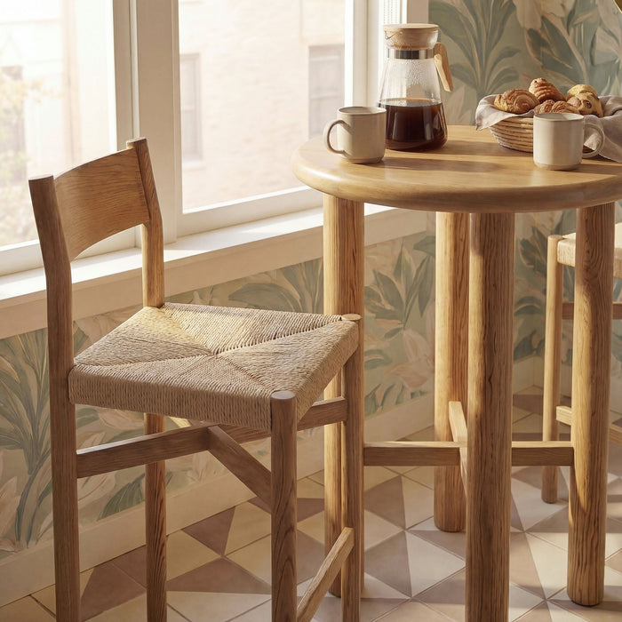 Modway Alvia 3-Piece Round Oak Wood Bar Table With Bar Stools Set in Weathered Oak - side view