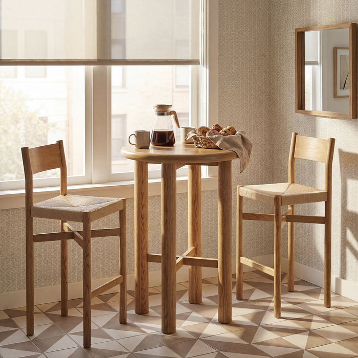 Modway Alvia 3-Piece Round Oak Wood Bar Table With Bar Stools Set in Weathered Oak - detail view