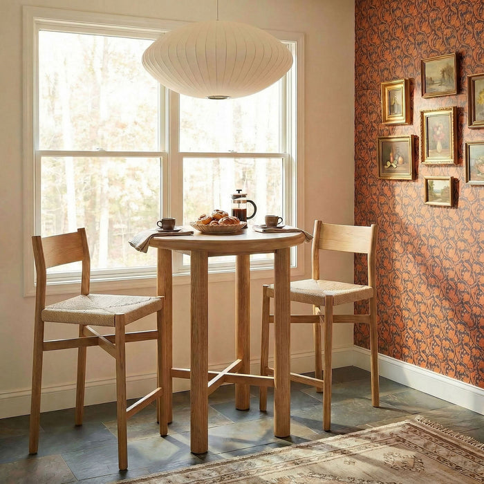Modway Alvia 3-Piece Round Oak Wood Bar Table With Bar Stools Set in Weathered Oak - lifestyle view