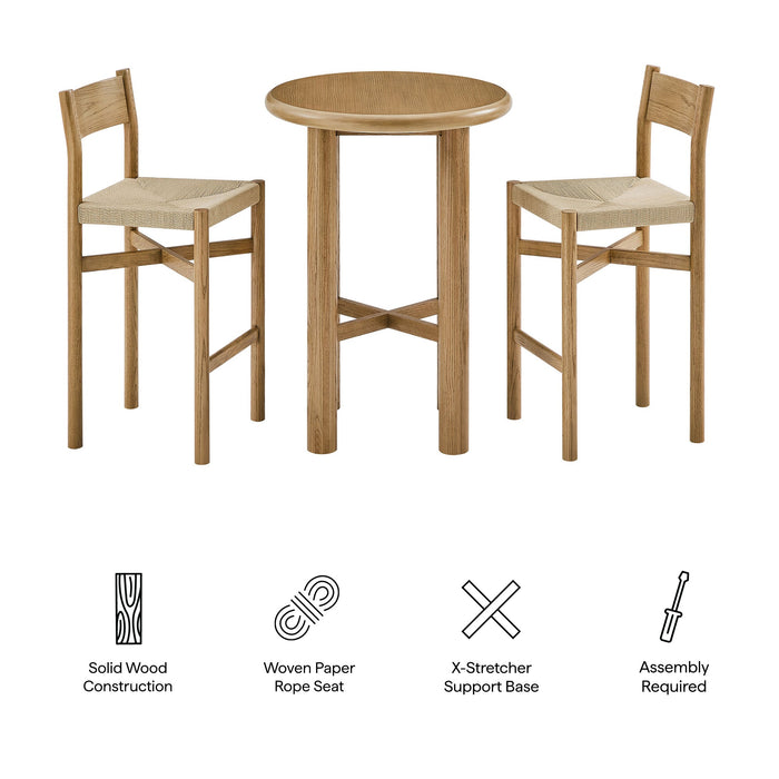 Modway Alvia 3-Piece Round Oak Wood Bar Table With Bar Stools Set in Weathered Oak - dimensions and specifications