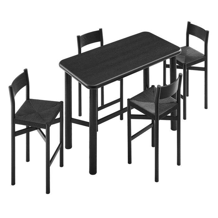 Modway Alvia 5-Piece Rectangular Oak Wood Bar Table With Bar Stools Set in Black - front view