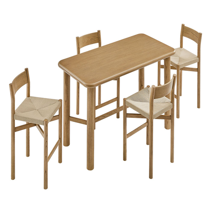 Modway Alvia 5-Piece Rectangular Oak Wood Bar Table With Bar Stools Set in Weathered Oak - front view