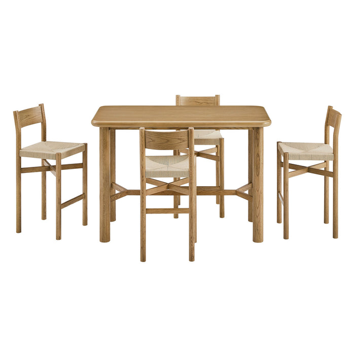 Modway Alvia 5-Piece Rectangular Oak Wood Bar Table With Bar Stools Set in Weathered Oak - angled view