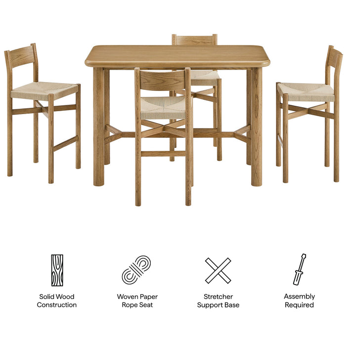 Modway Alvia 5-Piece Rectangular Oak Wood Bar Table With Bar Stools Set in Weathered Oak - dimensions and specifications