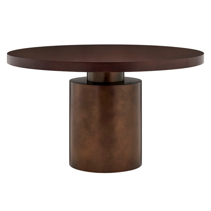 Annette 54 Inch Round Pedestal Base Dining Table Dark Walnut Burnished Brass