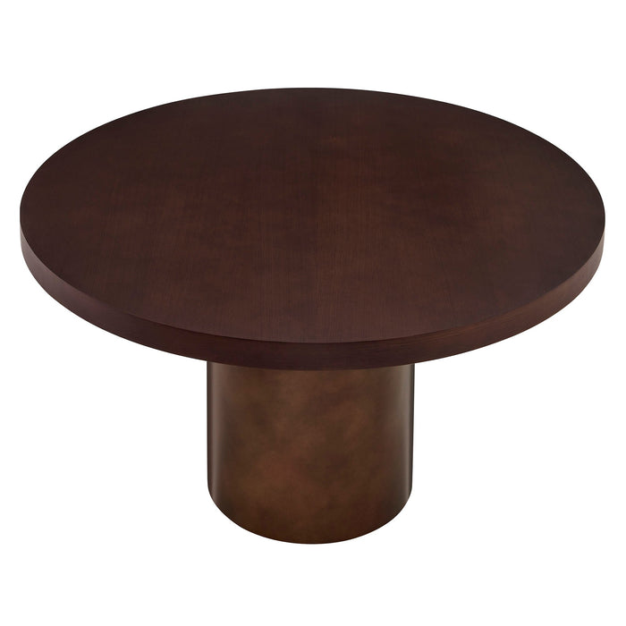 Annette 54 Inch Round Pedestal Base Dining Table Dark Walnut Burnished Brass