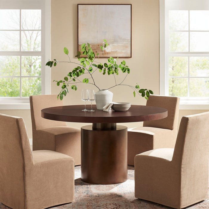 Annette 54 Inch Round Pedestal Base Dining Table Dark Walnut Burnished Brass