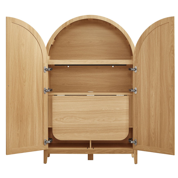 Calista 63 Inch Arched Storage Cabinet With Folding Desk Oak