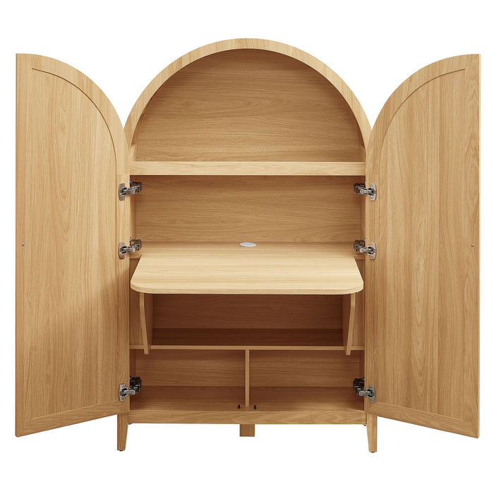 Calista 63 Inch Arched Storage Cabinet With Folding Desk Oak