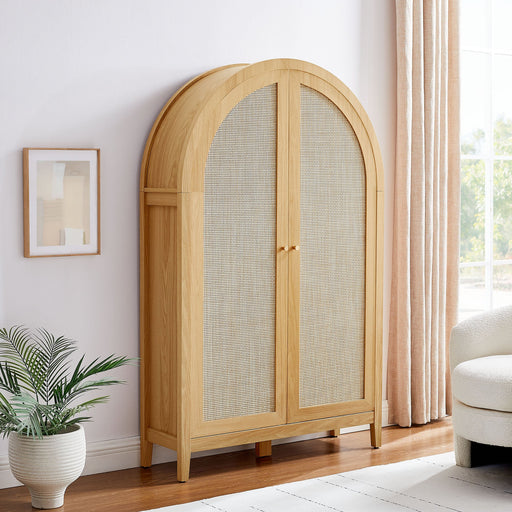 Calista 63 Inch Arched Storage Cabinet With Folding Desk Oak