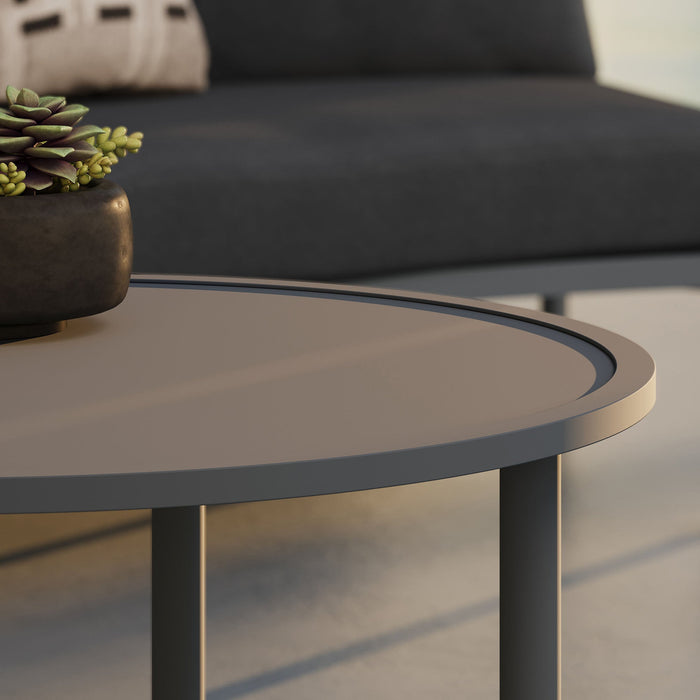 Modway Porta 2 Piece Nesting Outdoor Aluminum Coffee Table Set in Charcoal - lifestyle view