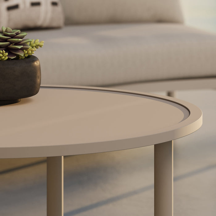 Modway Porta 2 Piece Nesting Outdoor Aluminum Coffee Table Set in Khaki - lifestyle view