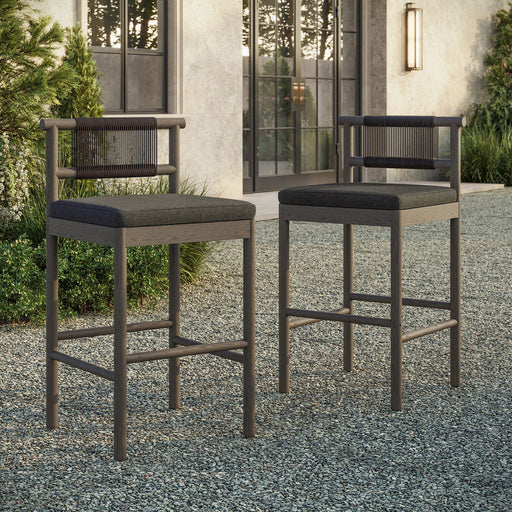 Eleni Outdoor Teak Wood Bar Stools Set of 2 Weathered Gray Flint