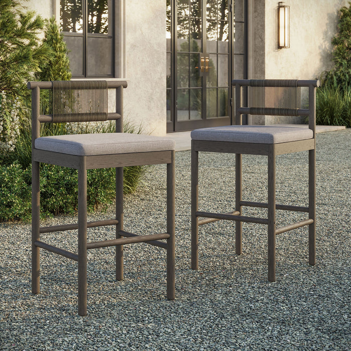 Eleni Outdoor Teak Wood Bar Stools Set of 2 Weathered Gray Pebble