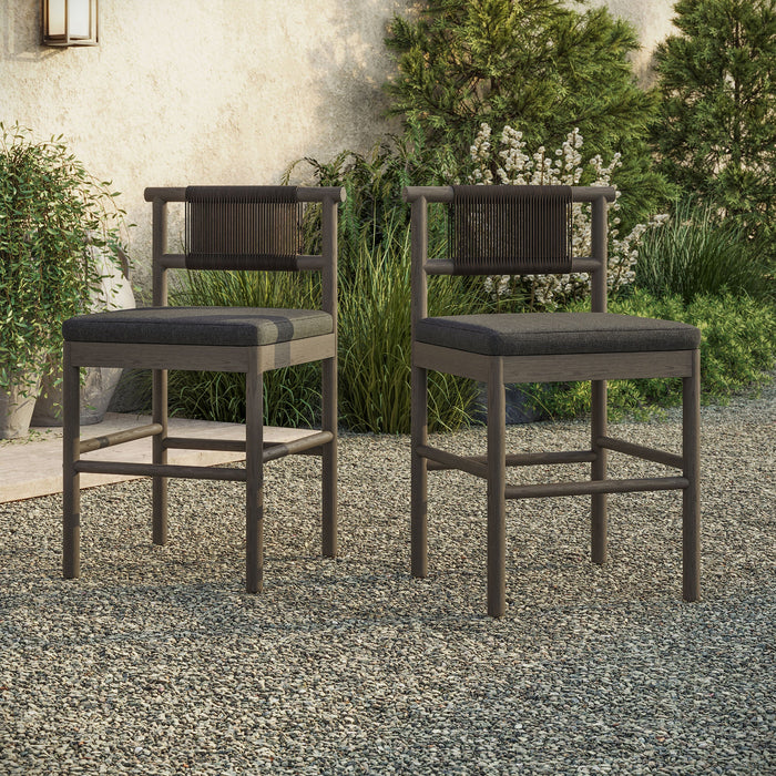 Eleni Outdoor Teak Wood Counter Stools Set of 2 Weathered Gray Flint