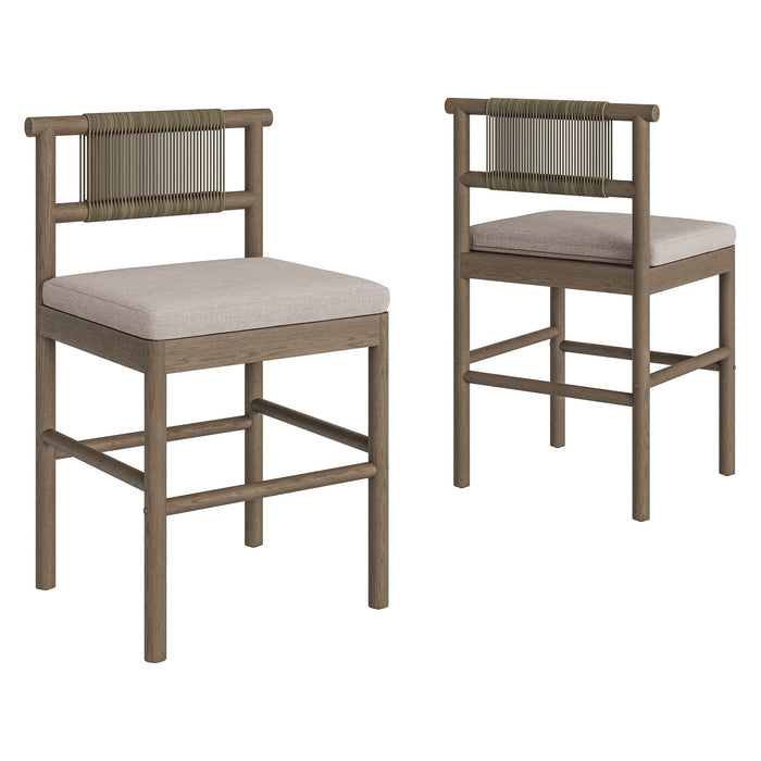 Eleni Outdoor Teak Wood Counter Stools Set of 2 Weathered Gray Pebble
