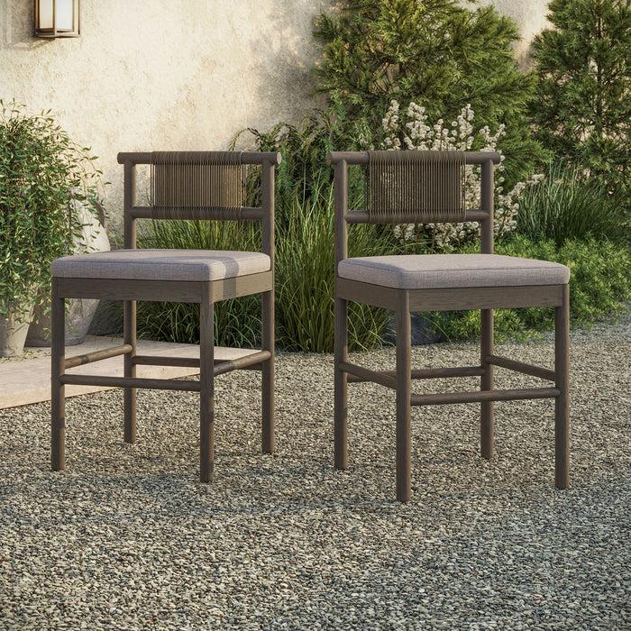 Eleni Outdoor Teak Wood Counter Stools Set of 2 Weathered Gray Pebble
