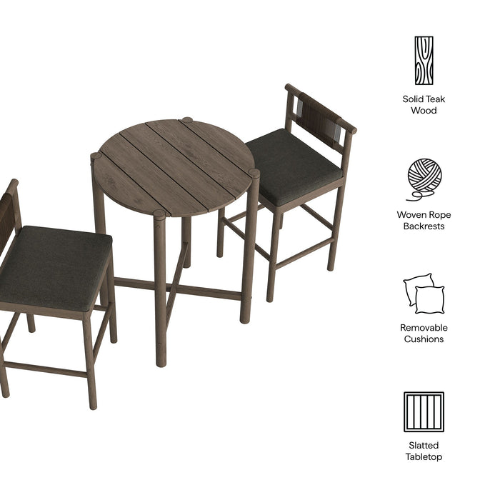 Eleni 3-Piece Outdoor Teak Wood Bar Set Weathered Gray Flint