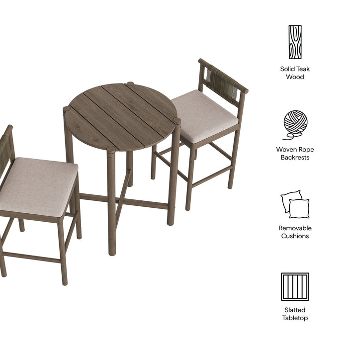 Eleni 3-Piece Outdoor Teak Wood Bar Set Weathered Gray Pebble
