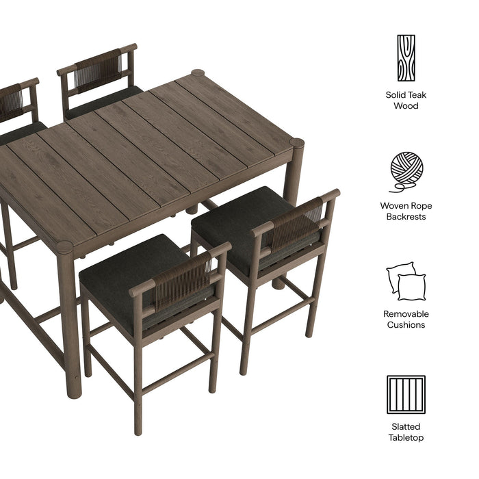Eleni 5-Piece Outdoor Teak Wood Bar Set Weathered Gray Flint